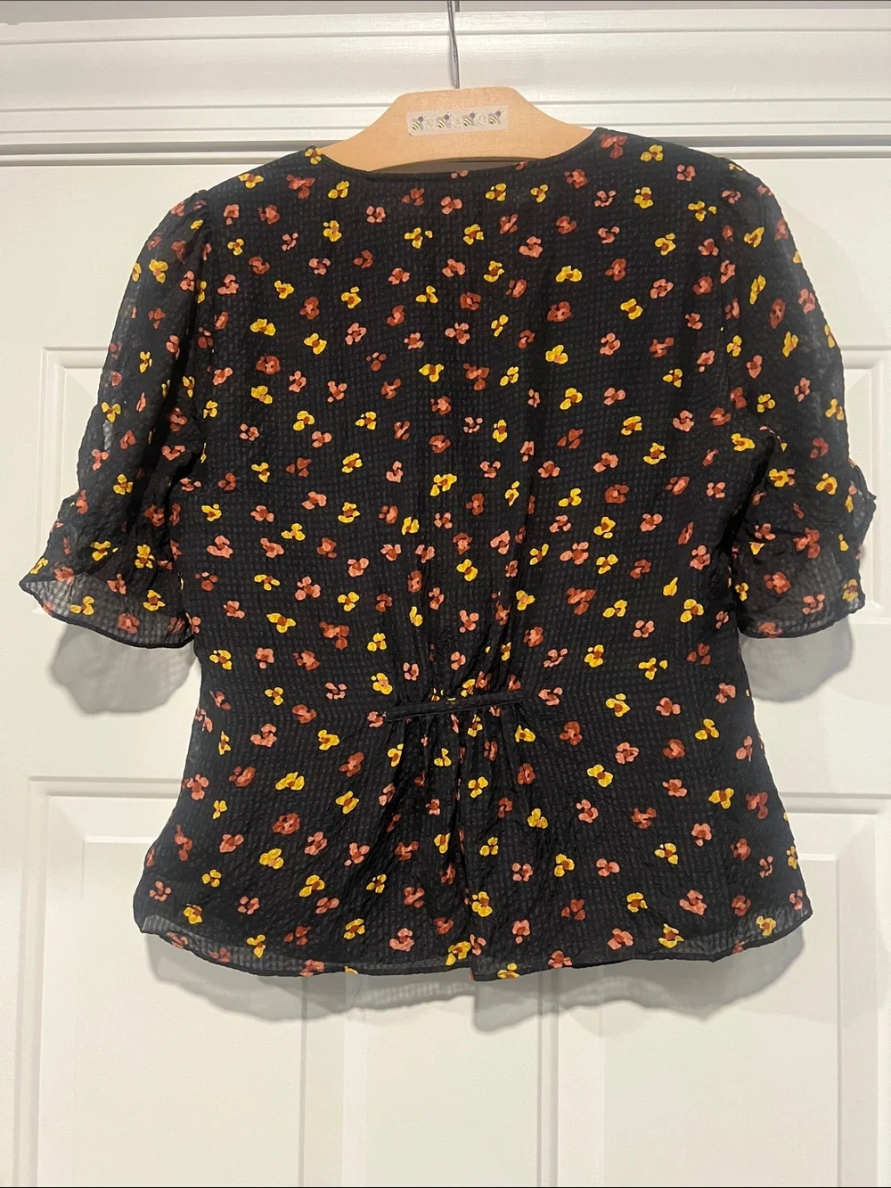 Madewell Silk Black V-Neck Tie-Sleeve Floral Top Sz 4 Coquette Cottage Prairie